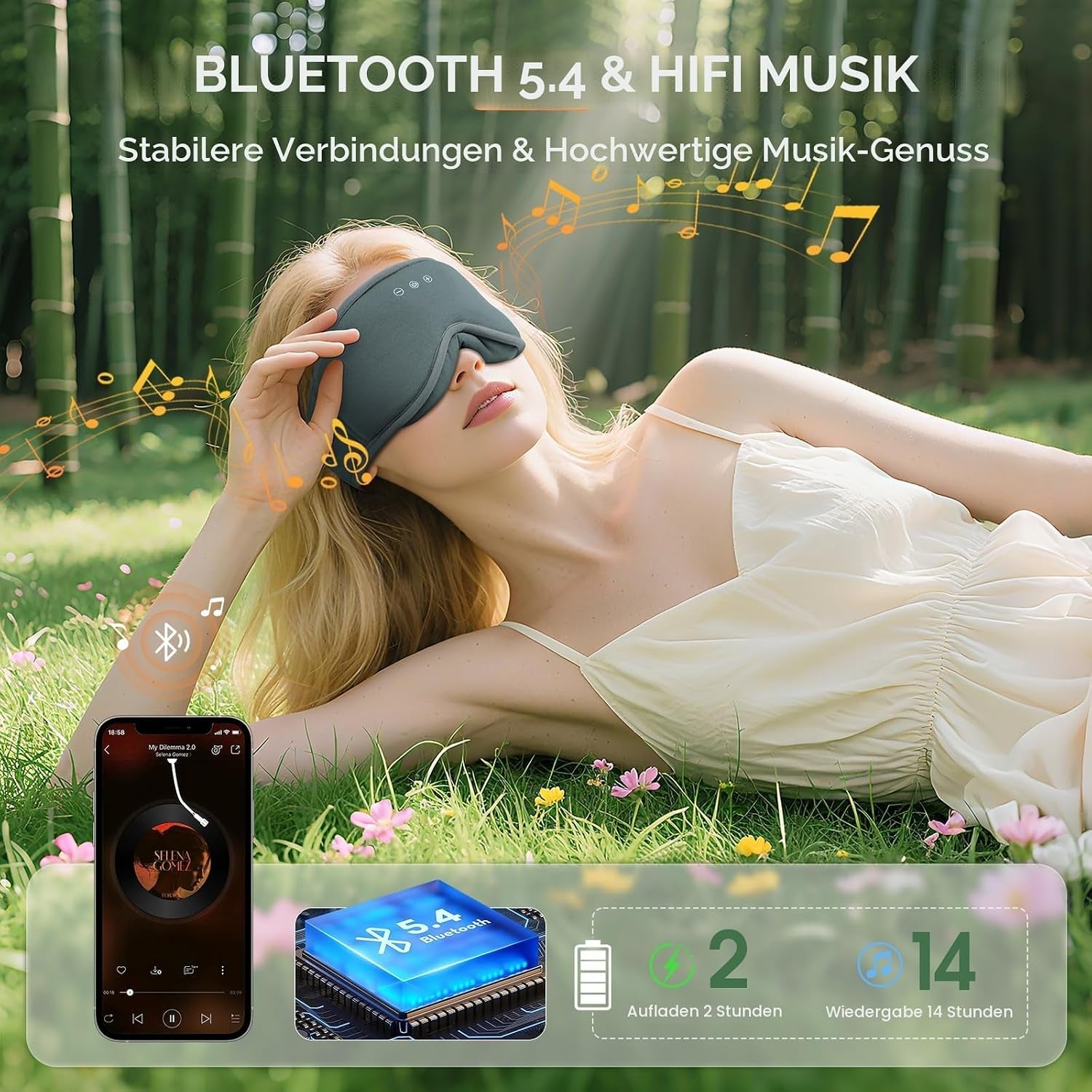 MUSICOZY Bambus-Baumwolle Schlafmaske Mit Kopfhörer, 3D Schlafkopfhörer Bluetooth V5.4 Augenmaske Schlafmaske Für Seitenschläfer, Sleep Mask Waschbar Schlafbrille Mit Mikrofon Für Herren/Frauen | Atmungsaktiver Angenehm Schlafmaske Bluetooth Kopfhörer Schlafkopfhörer,100% Verdunkelung Ohne Ohrdruck Für Seitenschläfer