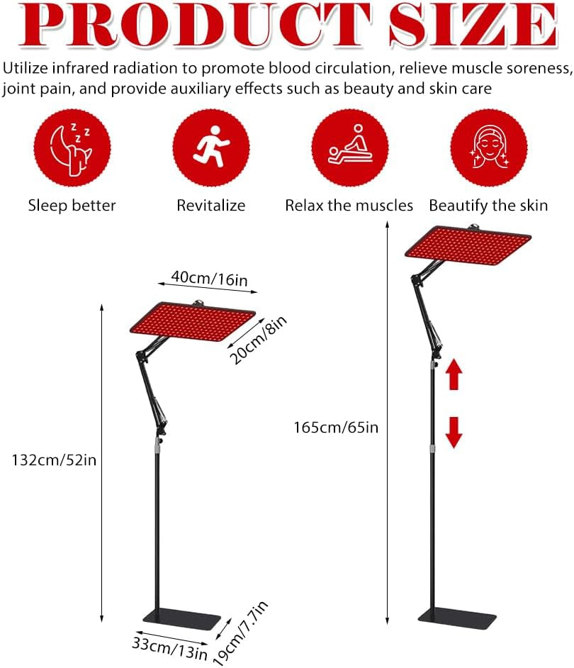 Infrarotlampe Rotlichtlampe Für Ganzkörper & Gesicht, 200 LED Red Light Therapy & 5 Helligkeitsstufen, 3-Wellenlänge (660Nm, 850Nm, 940Nm), Großes Infrarotlampe Mit Verstellbarem Ständer & Schutzbrill