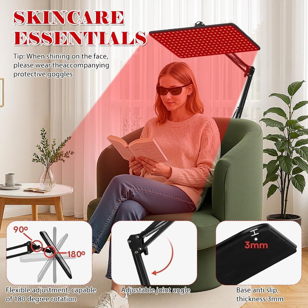 Infrarotlampe Rotlichtlampe Für Ganzkörper & Gesicht, 200 LED Red Light Therapy & 5 Helligkeitsstufen, 3-Wellenlänge (660Nm, 850Nm, 940Nm), Großes Infrarotlampe Mit Verstellbarem Ständer & Schutzbrill