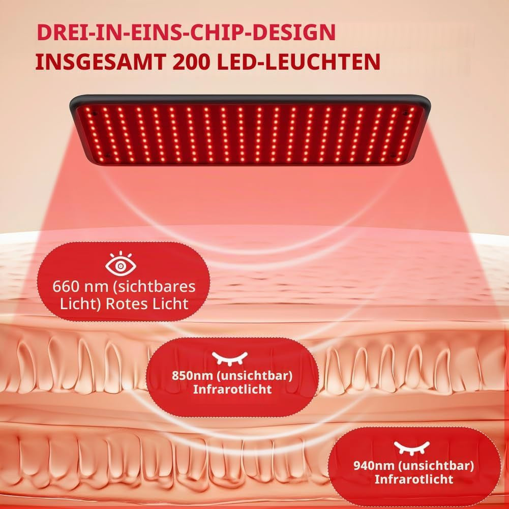 Infrarotlampe Rotlichtlampe Für Ganzkörper & Gesicht, 200 LED Red Light Therapy & 5 Helligkeitsstufen, 3-Wellenlänge (660Nm, 850Nm, 940Nm), Großes Infrarotlampe Mit Verstellbarem Ständer & Schutzbrill