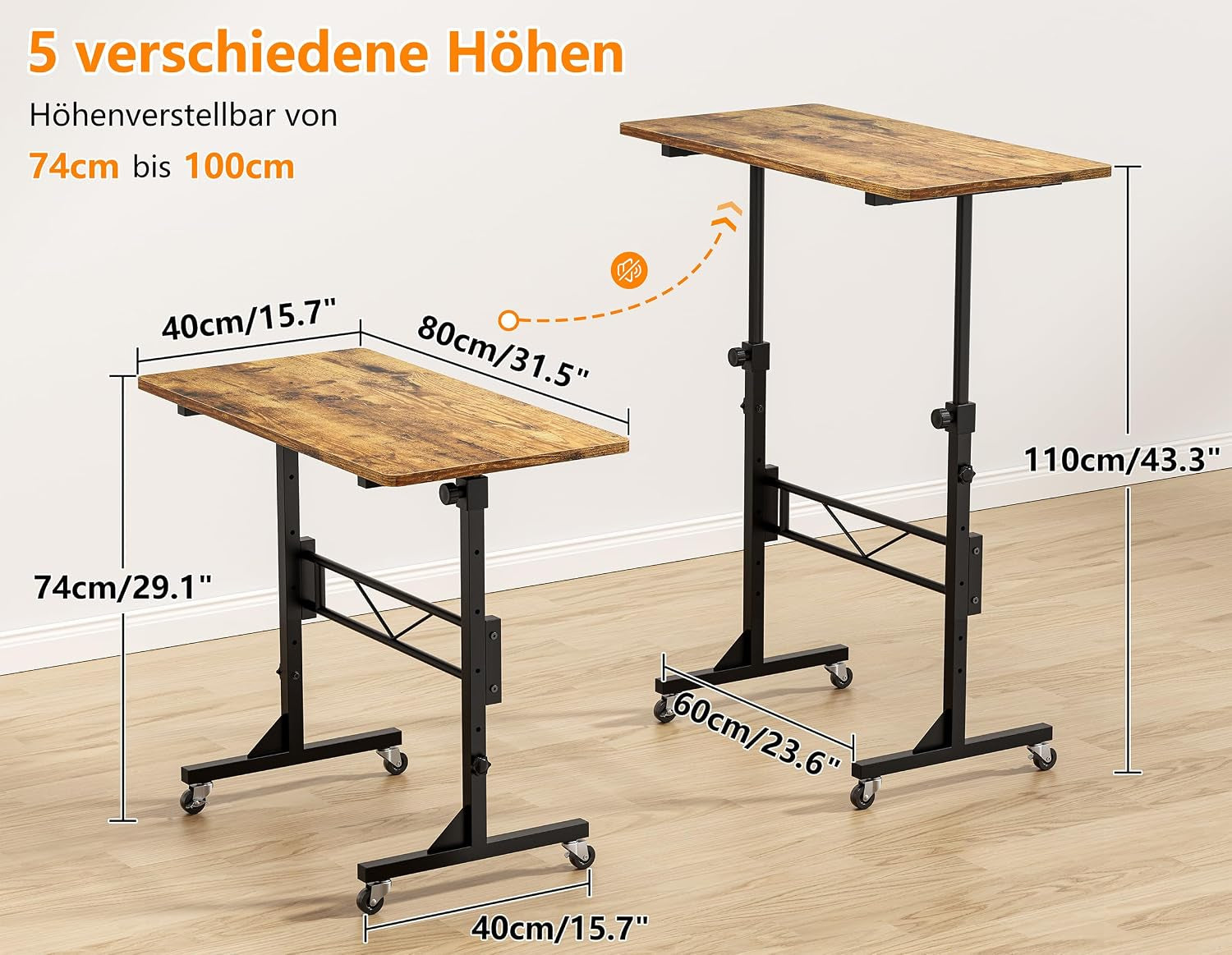 Höhenverstellbarer Schreibtisch Mit Rollen, Tisch Computertisch Schreibtisch Höhenverstellbar Stehpult Für Walking Pad Laufband Für Zuhause, PC Tisch Klein Für Home Office, 80 X 40Cm, Vintagebraun